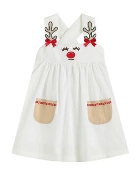 Girls White Reindeer Appliqué Holiday Dress